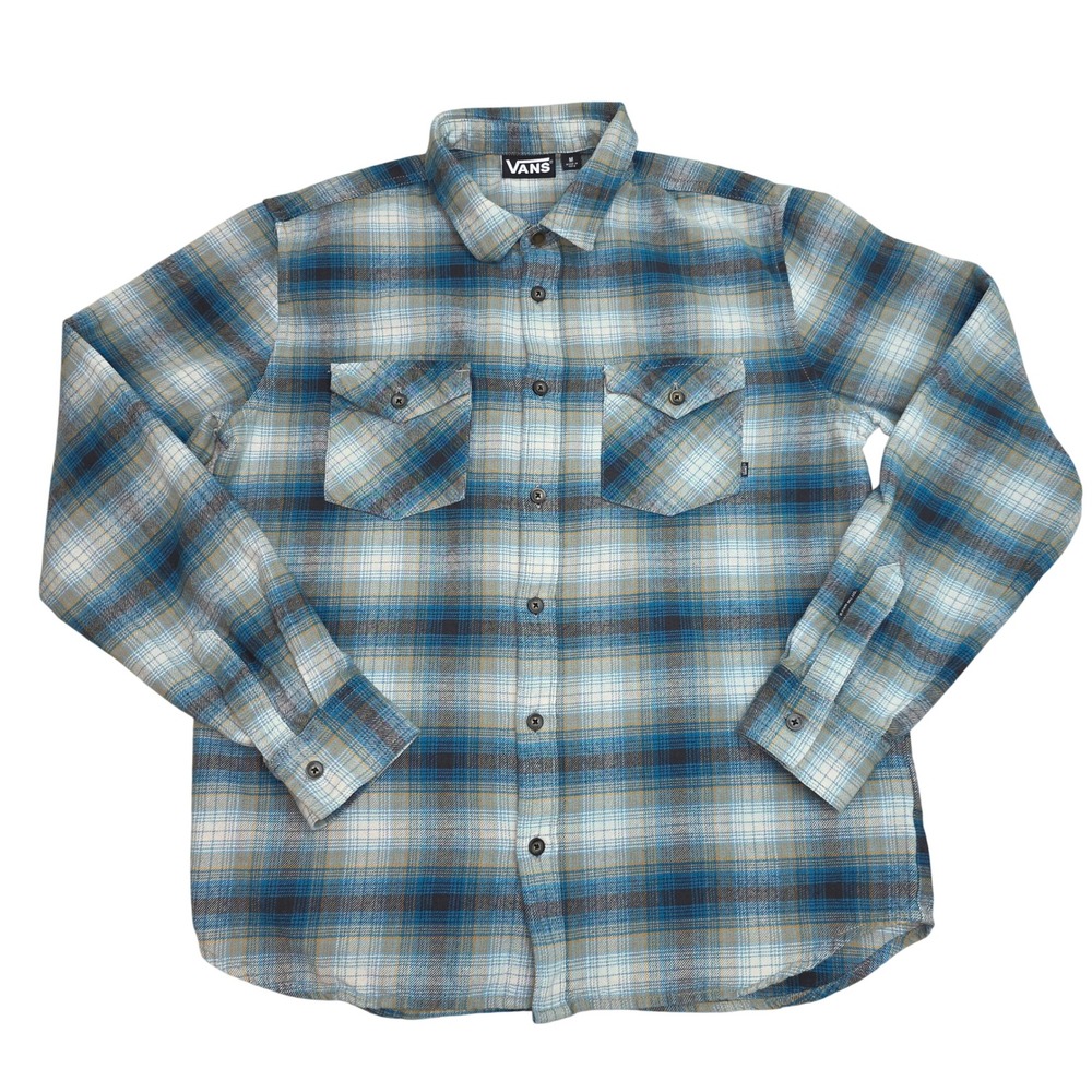 Vans Plaid Flannel Long Sleeve Button Up Shirt Men's Size Medium Blue Tan